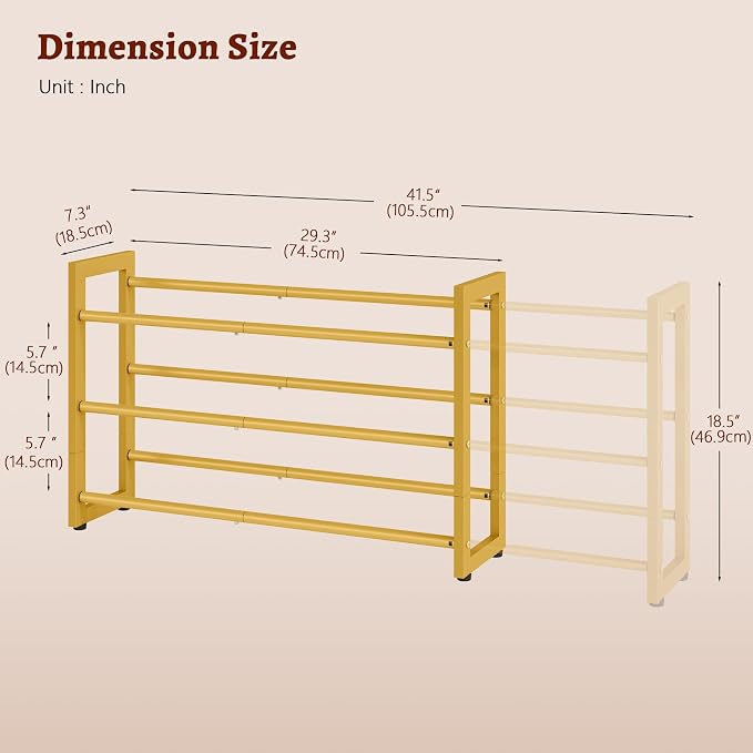 FAVOOSTY 3-Tier Expandable Shoe Rack, Adjustable Shoe Shelf Storage Organizer Space Saving Metal Free Standing Shoe Rack for Entryway Closet Doorway, Gold - Image 3