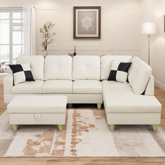 NicBex Modular L-Shaped Sectional Couches, 3-Piece Convertible Couch with Storage Ottoman, 4-Seat Comfy Sofa with Chaise for Living Room & Apartment, Cream White