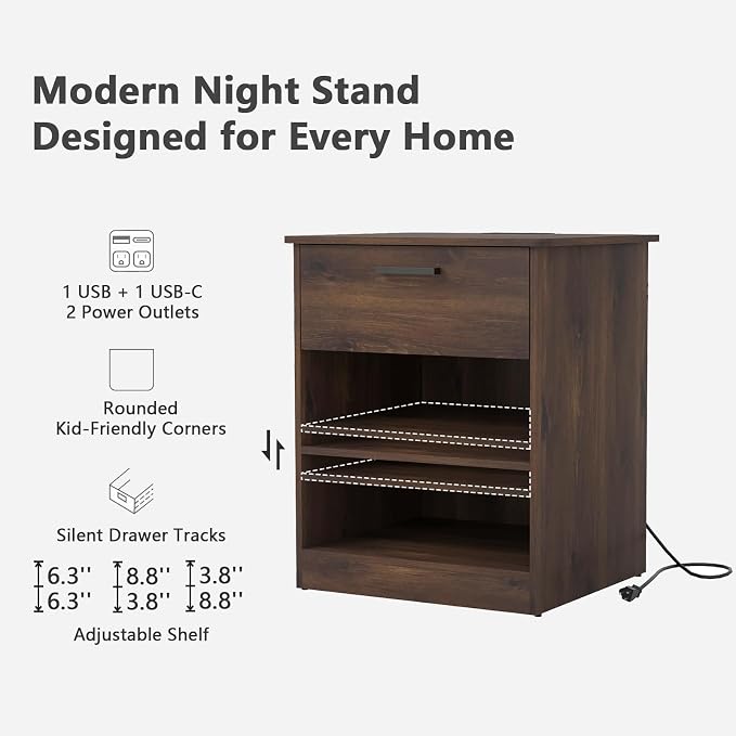 Night Stand with Charger Station, Modern Nightstand with USB Type-C Ports and AC Outlets, Large Bedside Table with Drawer and Open Storage, Wooden End Table for Bedroom (Brown, 1 Drawer) - Image 6