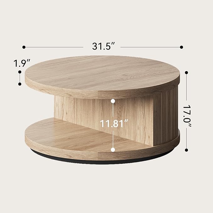 31-Inch Round Coffee Tables for Living Room, Wood Center Tea Tables with Open Shelf, Aesthetics Fluted Circle Coffee Table with Storage for Home Office, Natural Oak Brown
