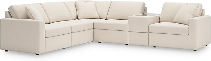 Signature Design by Ashley Modmax Contemporary Stain Resistant Left-Arm Facing 6-Piece Sectional with Storage Console, Armrest, Throw Pillows and Reversible Cushions, Beige