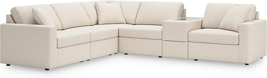 Signature Design by Ashley Modmax Contemporary Stain Resistant Left-Arm Facing 6-Piece Sectional with Storage Console, Armrest, Throw Pillows and Reversible Cushions, Beige