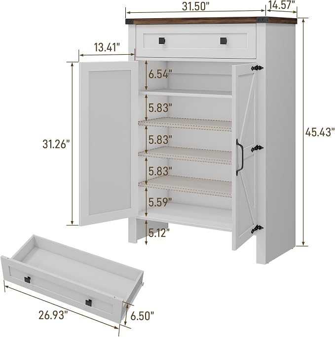 Halitaa Shoe Cabinet, Farmhouse Shoe Storage Organizer, Shoe Storage Cabinet with Doors & Drawer, Boots High-Shoe Cabinet Organizer for Entryway Living Room Hallway, White - Image 2
