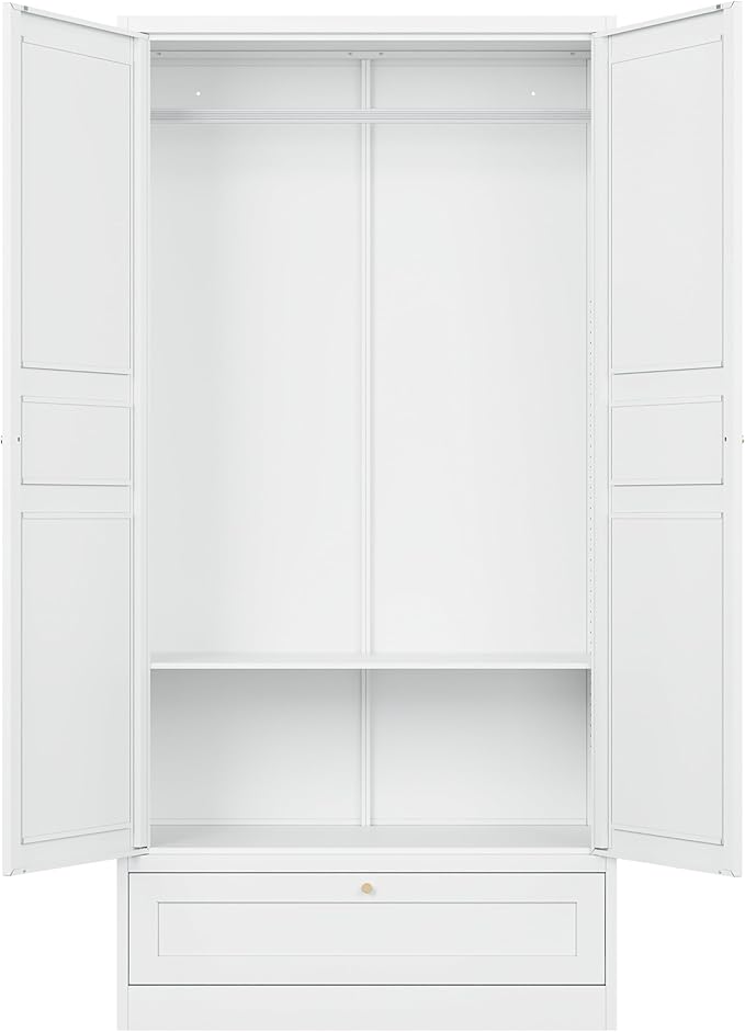 Metal Wardrobe Cabinet with Drawer and Hanging Rod,Armoire Wardrobe Closet with doors,White Metal Clothing Storage Cabinet with Adjustable Shelves,Armoire Storage Cabinets for Home,Bedroom Armoires