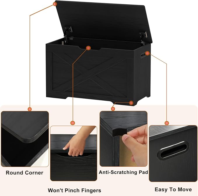 Timberer Storage Chest, Wooden Storage Bench, Entryway Shoes Bench with 2 Safety Hinges, for Living Room, Bedroom, 15.7 x 31.5 x 18.9 Inches, Black - Image 5