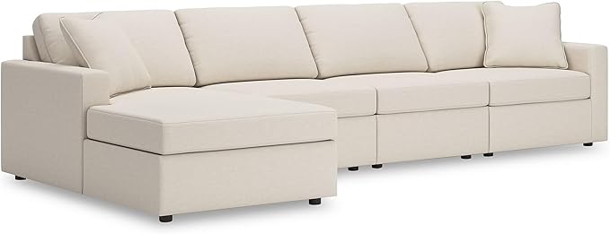 Signature Design by Ashley Modmax Stain Resistant Minimalist Modular Anti Sag Left-Arm Facing 4-Piece Sectional with Chaise, Loose Reversible Cushions and 2 Accent Pillows, White