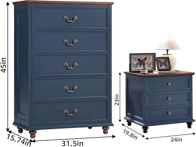 Joaxswe 24" Wide Farmhouse Nightstand Set of 2, 45" Tall Rustic Chests of 5 Drawers w/ 4 Solid Wood Feet, Farmhouse Furniture Series for Living Room,Bedroom,DarkBlue