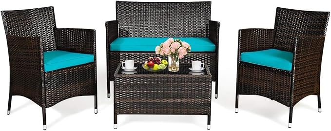 COSTWAY Outdoor Rattan Patio Furniture Set 4 Pieces, Wicker Rattan Cushioned Conversation Conversation Chairs with Coffee Table for Backyard Balcony Porch Poolside, Turquoise