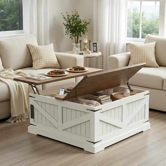 36" Lift Top Coffee Table with Storage and Charging Station, Farmhouse Square Coffee Table with Hidden Compartment, Adjustable Laptop Desk for Living Room, USB Ports and Outlets