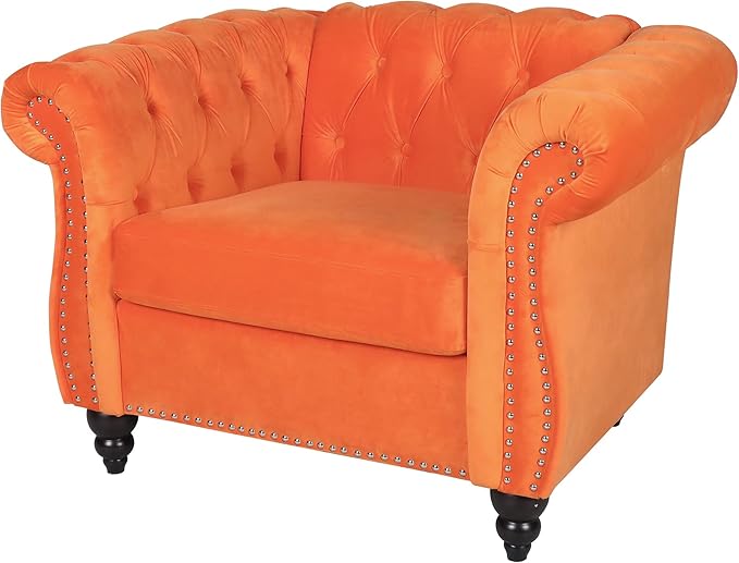 LEVNARY Velvet Chesterfield Armchair, Modern Sofa Chair with Button Tufted Backrest, Tufted Upholstered Rolled Chair for Home Reading Room (Orange)