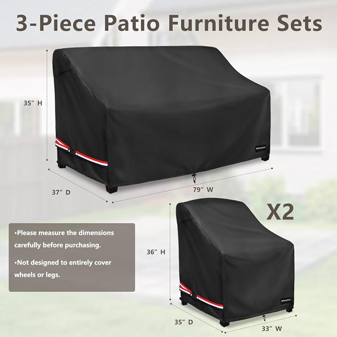 Patio Furniture Covers,3 Piece Heavy Duty Waterproof Outdoor Furniture Covers,Outdoor Furniture Covers for Patio Furniture,Includes 2 Patio chair covers 33in and 1 Patio loveseat cover 79in,Black - Image 2