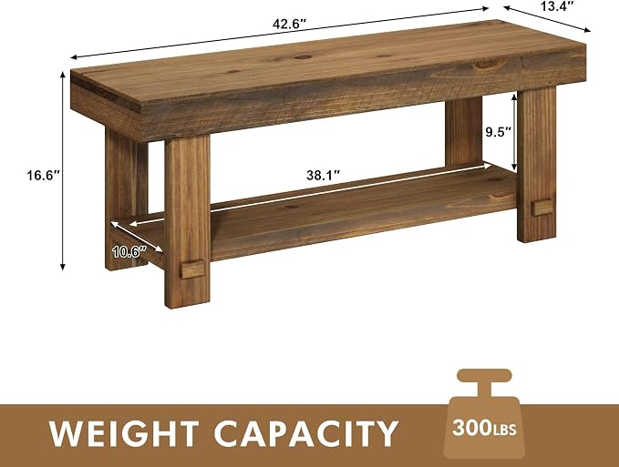 HOKYHOKY Solid Wood Entryway Bench - 42.6" Farmhouse Long Storage Benches, Narrow Bench Seat for Indoor, Entryway, Dining Room, Living Room, Bedroom and Hallway, Rustic Natural - Image 2