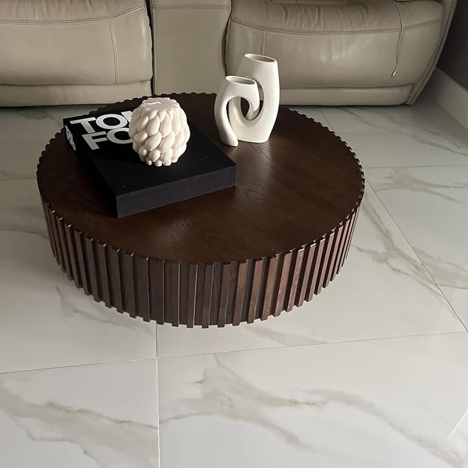 31.49" Walnut Coffee Table Round Wood, Modern Unique Fluted Tea Table, Contemporary Drum Circle Accent Center Table for Living Room, Small Space, Apartment