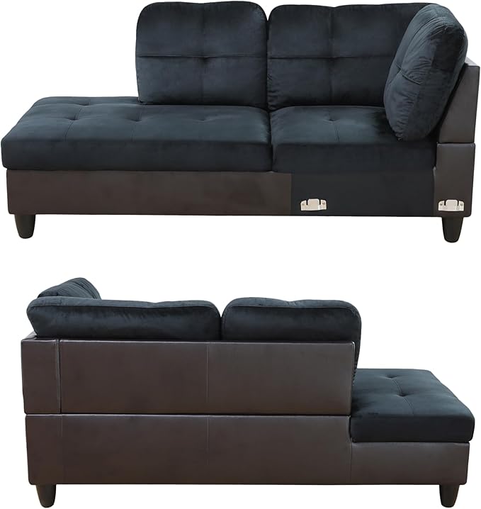 103.5 Inch Modern L-Shaped Couch, Flannel Sectional Sofa with Chaise Lounge, 4-Seater Couch with Accent Pillows for Living Room, Apartment, Dark Blue & Brown