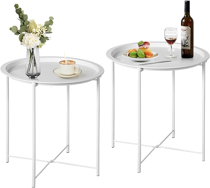 VECELO Side/End Table, Folding Round Metal Anti-Rust and Waterproof Outdoor or Indoor Tray for Living Room Bedroom Balcony and Office, 2 PCS, Beige by VECELO