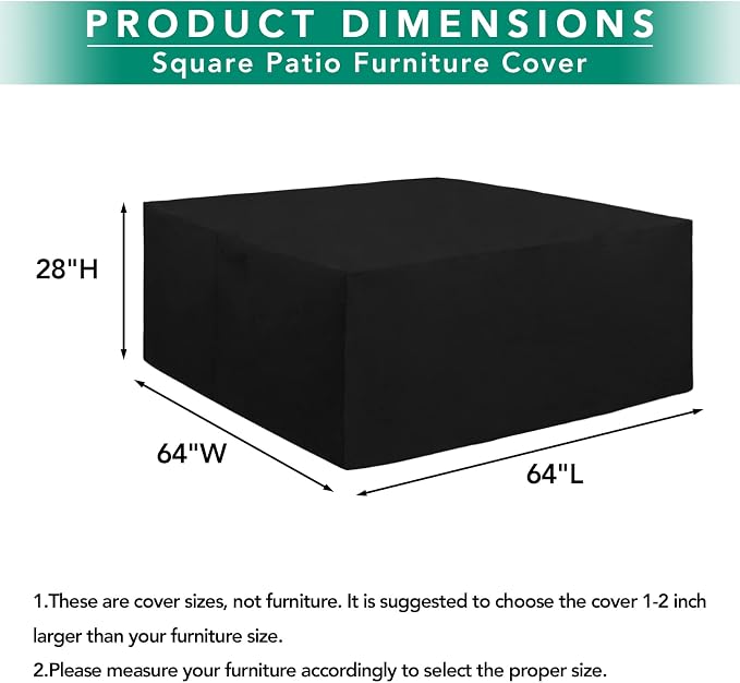 Easy-Going 600D Heavy Duty Patio Furniture Cover, Outdoor Square Table and Chair Set Cover, Waterproof Outdoor Sectional Set Cover (64"L x 64"W x 28"H, Black) - Image 2