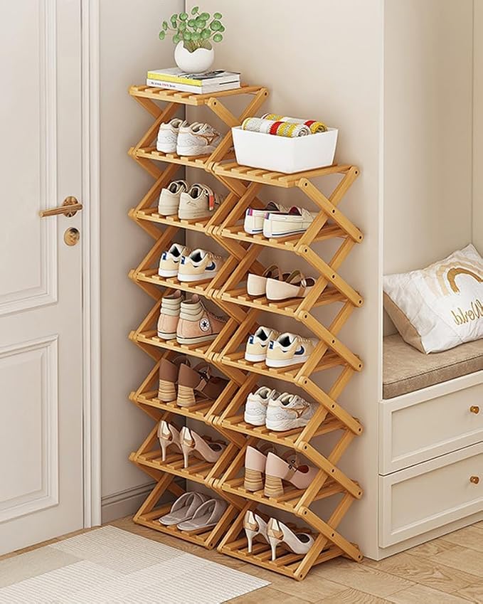 YYW Shoe Rack, Foldable Bamboo Shoes Shelf, Freestanding Shoe Storage Organiser for Entryway, Hallway, Bedroom, Closet (Wood Color, 3 Layers) - Image 7