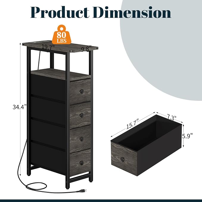 Yoobure LED Narrow Nightstand with Charging Station - Slim Dresser for Bedroom Narrow Side Table Storage Cabinet, Small Dressers Chest of Drawers, Tall Skinny Night Stand End Table for Small Spaces - Image 2