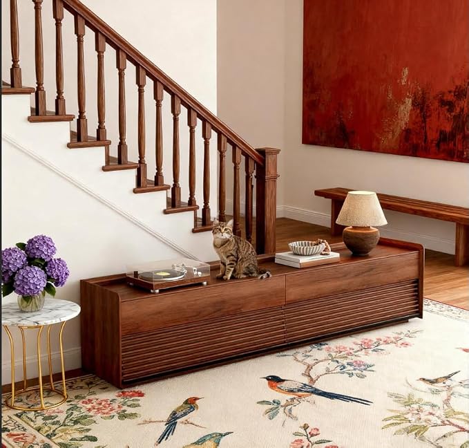POVISON Fully-Assembled Mid Century Modern TV Stand, 94.49" Wood Media Console with Adjustable LED Light, Entertainment Center with Storage for Living Room - Image 9
