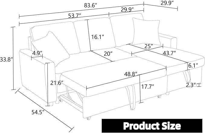 Convertible Sofa Bed Couch, 2 Seat Solid Wood Sectional Couches for Living Room with Storage, Sleeper Sofa Couch with Pullout Bed for Apartment, Red