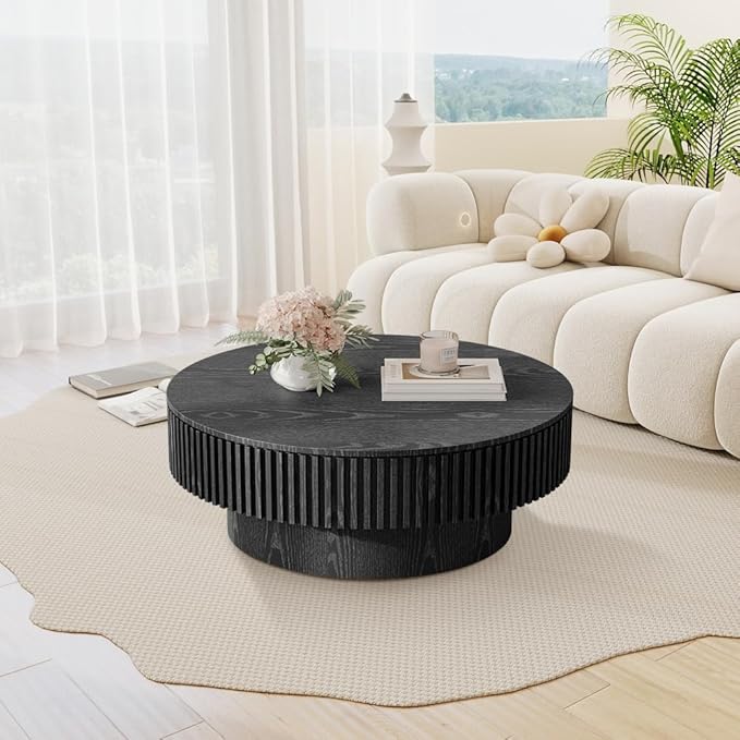31.5'' Round Coffee Table for Living Room, Fluted Coffee Table with Hidden Storage, Solid Wood Veneered Circle Table, Modern Tea Table for Small Space Apartment (Black)