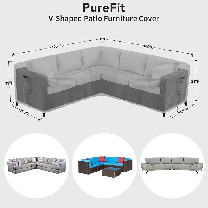 PureFit Outdoor Sectional Sofa Cover Waterproof V Shaped Patio Furniture Covers for Deck, Lawn and Backyard, 100”x100”, Gray - Image 2
