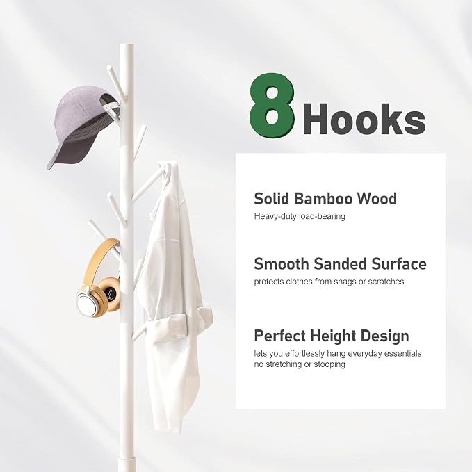 kiplant Coat Rack Stand with 8 Hooks, Adjustable Coat Standing Tree Easy Assembly for Coats, Hats, Scarves and Handbags for Entryway, Hallway, Bedroom, Office (Bamboo, White) - Image 2