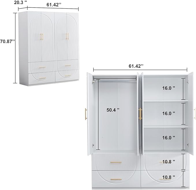 GraceGrove Wardrobe Closet Cabinet with 4 Drawers Large Wardrobe Closet with 4 Doors Ample Storage Capacity, Tall Wood Armoires and Wardrobes with Hanging Rail for Bedroom White