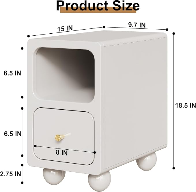 Solid Wood Night Stand, Narrow Nightstand with Drawers, White Mid Century Modern Nightstand, Small Beside Table with Open Storage Shelf for Bedroom (10 inch) - Image 3