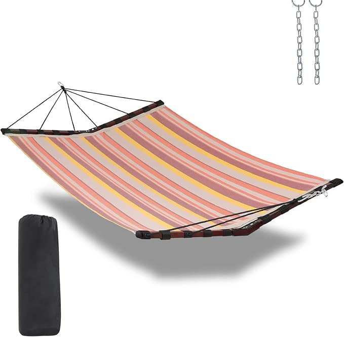 TegerDeger 12FT 2 Person Hammock Large Hammock Quick Dry 450LB Capacity with V Shaped Hardwood Spreader Bar & Nylon Rope for Outside, Patio, Garden, Backyard, Beach, Poolside - Coral Red Stripes by Tegerdeger