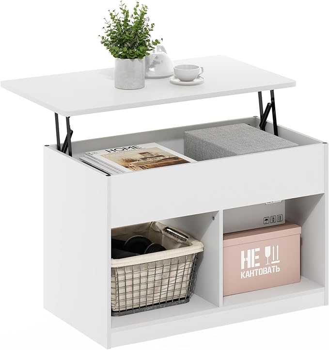 Furinno Jensen Living Room Lift Top Coffee Table with Hidden Compartment, Solid White