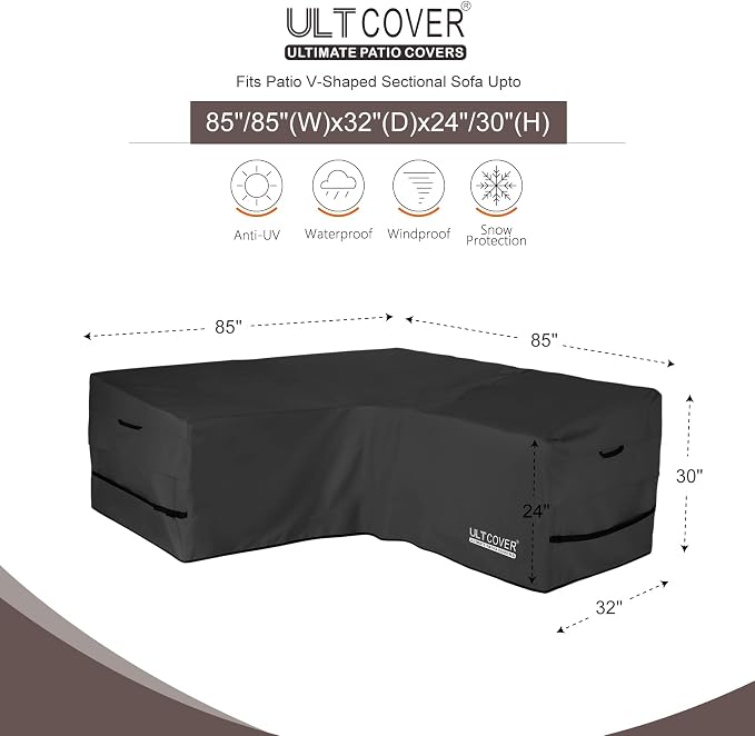 ULTCOVER Patio V-Shaped Sofa Cover Waterproof for 5-Seater Outdoor Sectional Furniture Couch 85 inch Wide, Black - Image 2