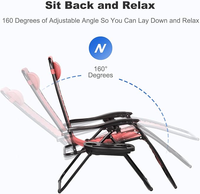 Nazhura Set of 2 Relaxing Recliners Patio Chairs Adjustable Steel Mesh Zero Gravity Lounge Chair Beach Chairs with Pillow and Cup Holder Khaki (Pink) - Image 4
