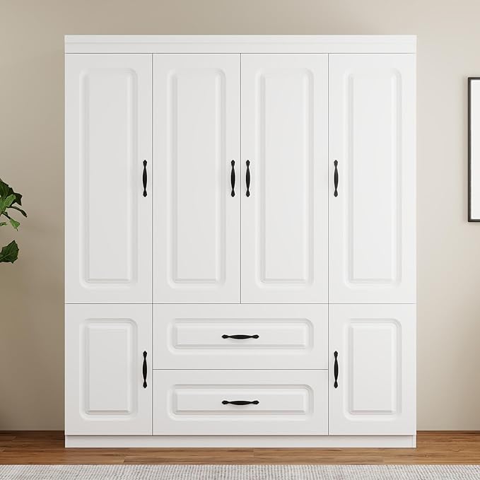 Armoire Wardrobe Closet with 2 Doors, White Cabinet with 2 Drawers and Clothes Storage Organizer, Modern Style with Hanging Rod Shleves Suitable for Bedroom(61.42" W x 20.47" D x 74" H)