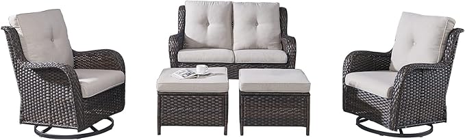 Rilyson Wicker Patio Furniture Set - 5 Piece Rattan Outdoor Sectional Conversation Sets with 2 Rocking Swivel Chairs,2 Ottomans and 1 Loveseat for Porch Deck Garden(Brown/Beige)