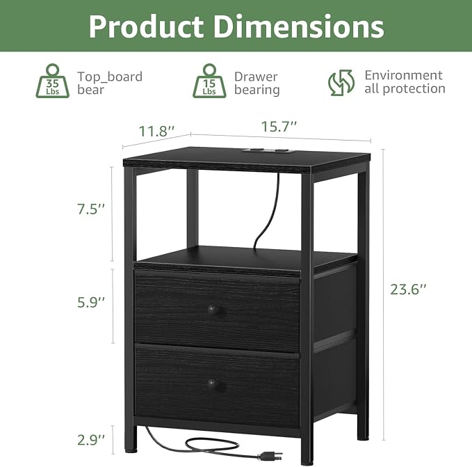 BOLUO Black Nightstand with Charging Station, LED Night Stand with 2 Fabric Drawers, Bedside Table with USB Ports and Outlets, Nightstand for Bedroom Modern - Image 3