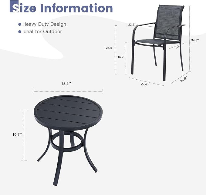 VICLLAX Outdoor Set for 2, Small Patio Table and Chairs Set of Stackable Patio Sling Chairs and Round Dining Table for Front Porch, Dark Grey Fabric and Black Table - Image 6