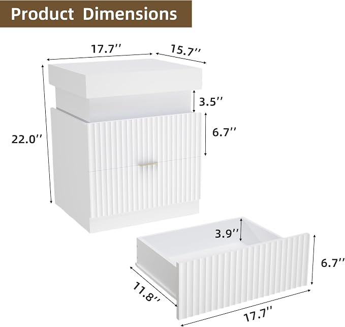 Wooden Nightstand with Charging Station & LED Lights, Modern Fluted Bedside Table with Sliding Top & Drawers for Bedroom & Living Room, White - Image 2