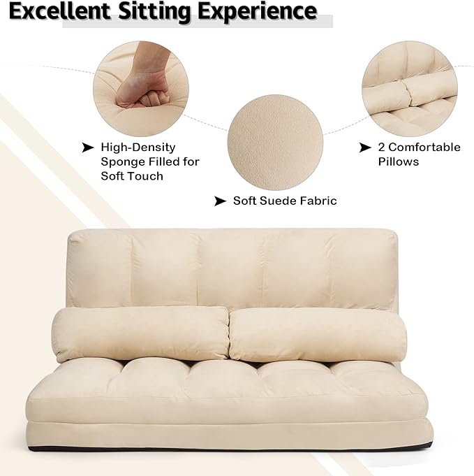 KOMFOTT Adjustable Floor Sofa Bed, Foldable Lazy Sofa Sleeper with 6 Position Backrest & 2 Pillows, Convertible Futon Couch with Suede Cloth Cover, Lounge Recliner for Living Room