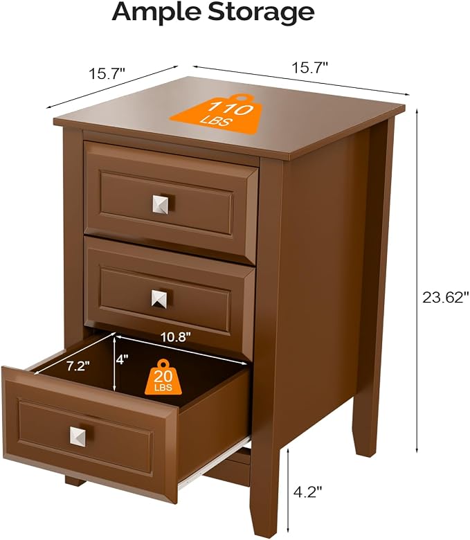 Bonnlo 3-Drawer Nightstand/End Table/Side Table, Wooden Bedside Table, Brown, 15.74"W*15.74"D*23.62"H - Image 2