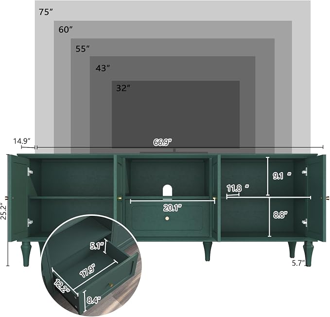 ARTPOWER 67'' Mid-Century Modern TV Stand with Storage Drawer and Doors, Long TV Stand with Adjustable Shelves for 75 Inch TV for Living Room, Bedroom, Green - Image 7