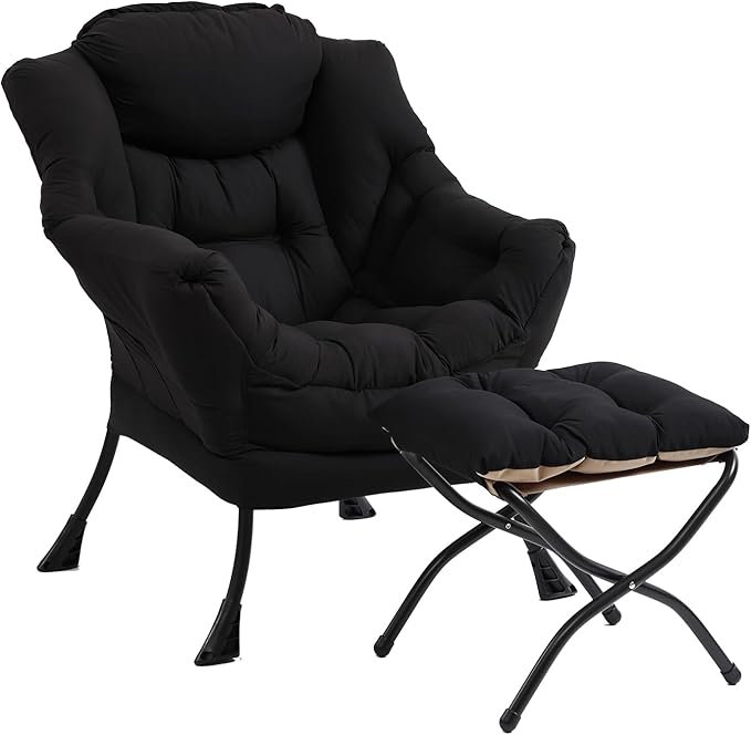 Furlide Lazy Chair with Ottoman, Modern Accent Chair with Armrests and a Side Pocket, Black Accent Chairs, Reading Chairs, Oversized Armchairs for Bedroom, Study, Living Room, Courtyard