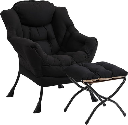Furlide Lazy Chair with Ottoman, Modern Accent Chair with Armrests and a Side Pocket, Black Accent Chairs, Reading Chairs, Oversized Armchairs for Bedroom, Study, Living Room, Courtyard