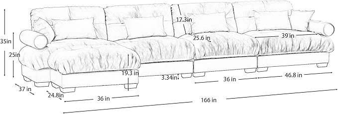 KEIKI 166" L-Shaped Oversized Velvet Modular Sectional Sofa with 1 Ottoman, High-Density Foam Cushions and Bolstered Armrests, Upholstered 4-Seater Cloud Couch with 6 Pillow, for Living Room, Green