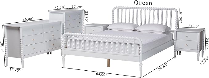 Baxton Studio Lucera Bobbin Wood Bedroom Set, 5-Piece, Full, White
