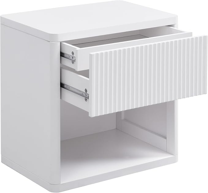 XIAO WEI Set of 2 White Fluted Nightstands with Hidden Drawer, 22.8" Wide Modern Bedside Table with Open Shelf, Large White Accent End Table, Curved Safety Profile Design - Image 8