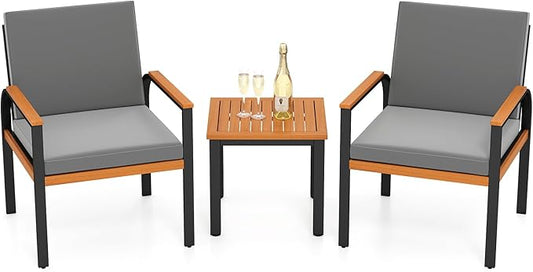 Tangkula 3 Pieces Patio Furniture Set, Outdoor Cushioned Conversation Chairs Set with Acacia Wood Side Table, for Porch, Balcony and Garden