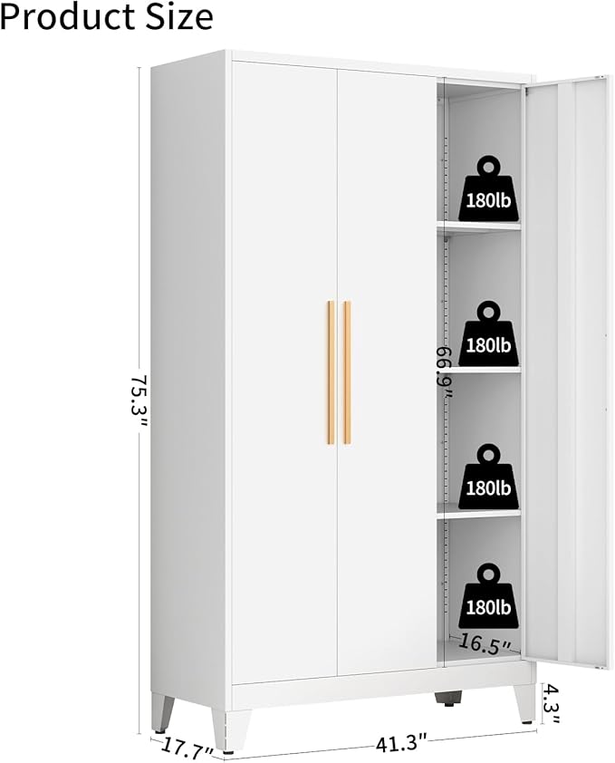 75.3" Tall Metal Armoire Wardrobe Closet with 3 Doors, Adjustable Hanging Rod and 5 Adjustable Shelves, Freestanding Storage Cabinet Organizer for Bedroom, Office, Laundry Room， White