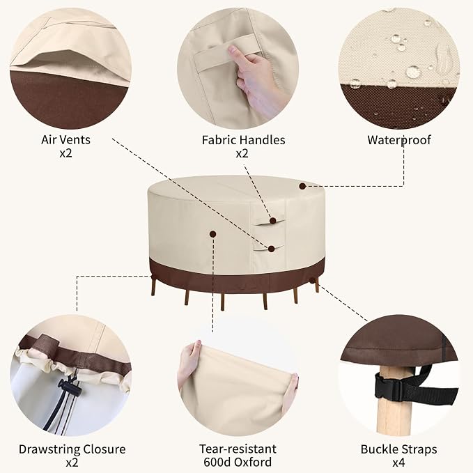 Round Patio Furniture Covers Waterproof Outdoor Covers For Patio Furniture 600D Heavy Duty Oxford Uv Resistant Anti-Fading 72"DIA X 28"H Table Cover (Beige & Brown) - Image 5