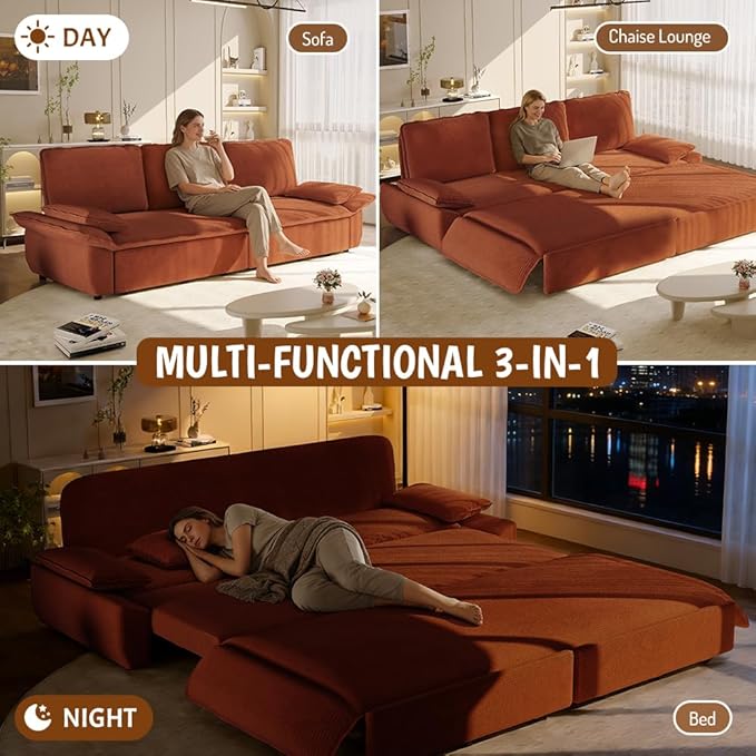 KEIKI 94.5'' King Size Sleeper Sofa Bed, 3-in-1 Convertible Pull Out Couch with Cloud Recliner Design, Corduroy Futon Loveseat Sofa for Living Room, Guest Hosting, Modern 3 Seater Couch